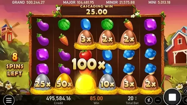 開心農場連消中,蛋形乘數符號標著 2x 到 100x,左側顯示剩餘 8 轉