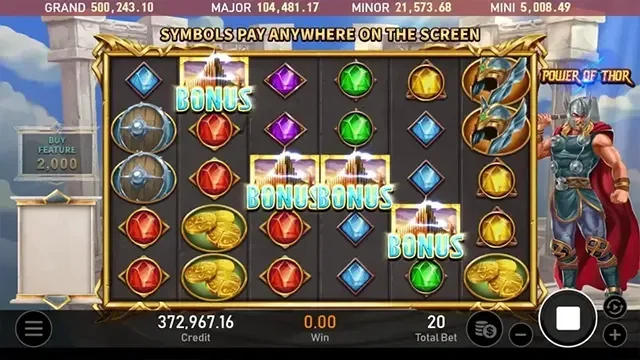 雷神之錘盤面出現多個 BONUS 符號,上方標示符號可在畫面任意位置得獎