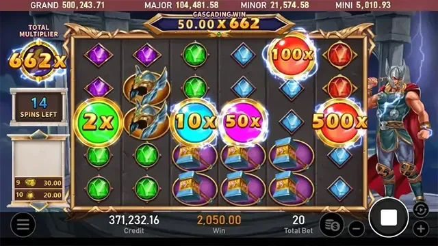 雷神之錘免費遊戲中累計總倍數 662x,盤面浮著 2x 至 500x 的倍數球